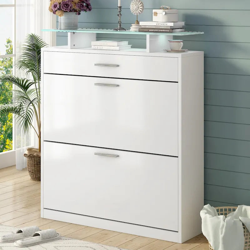 Slim Entryway Organizer with 2 Flip Drawers, Tempered Glass Top Shoe Storage Cabinet with Drawer