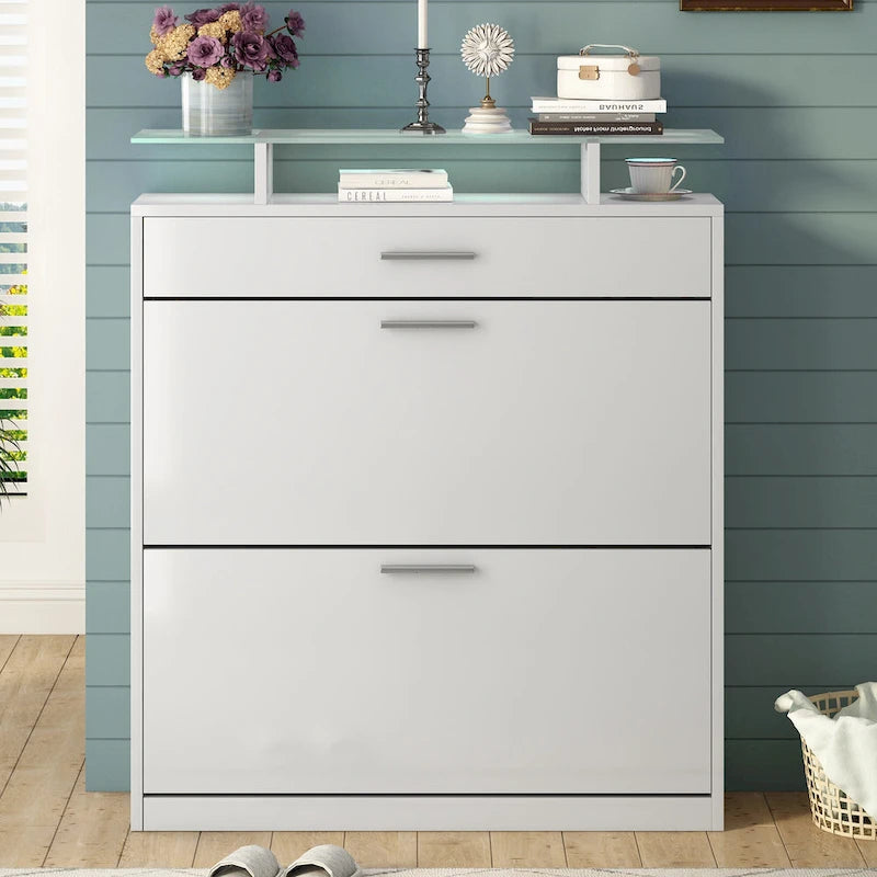 Slim Entryway Organizer with 2 Flip Drawers, Tempered Glass Top Shoe Storage Cabinet with Drawer