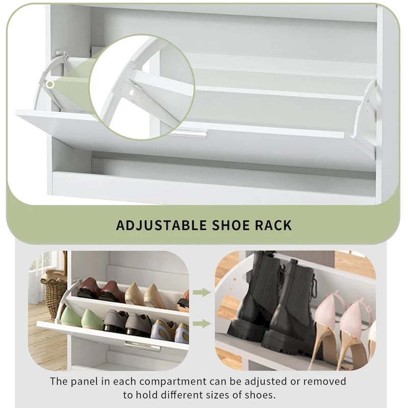 Slim Entryway Organizer with 2 Flip Drawers, Tempered Glass Top Shoe Storage Cabinet with Drawer