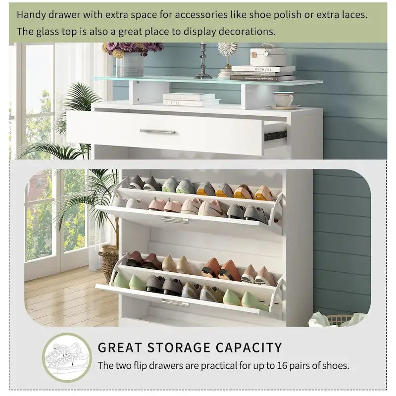 Slim Entryway Organizer with 2 Flip Drawers, Tempered Glass Top Shoe Storage Cabinet with Drawer