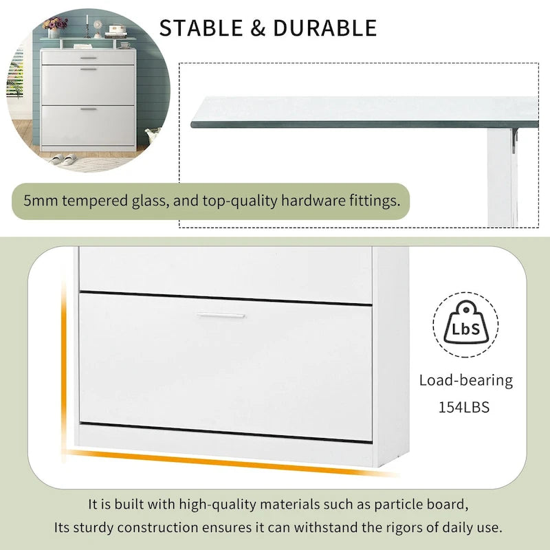 Slim Entryway Organizer with 2 Flip Drawers, Tempered Glass Top Shoe Storage Cabinet with Drawer