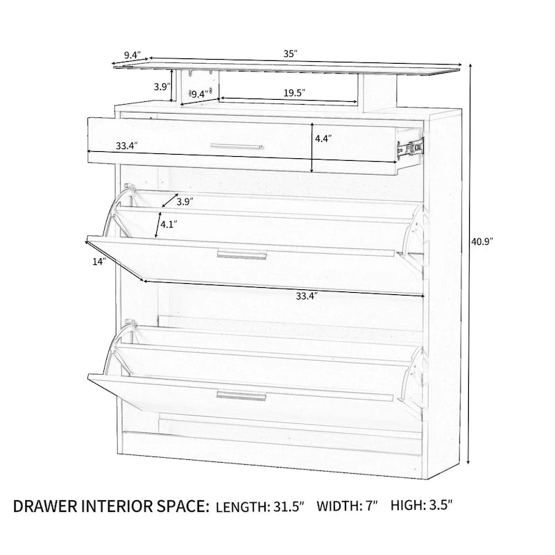 Slim Entryway Organizer with 2 Flip Drawers, Tempered Glass Top Shoe Storage Cabinet with Drawer