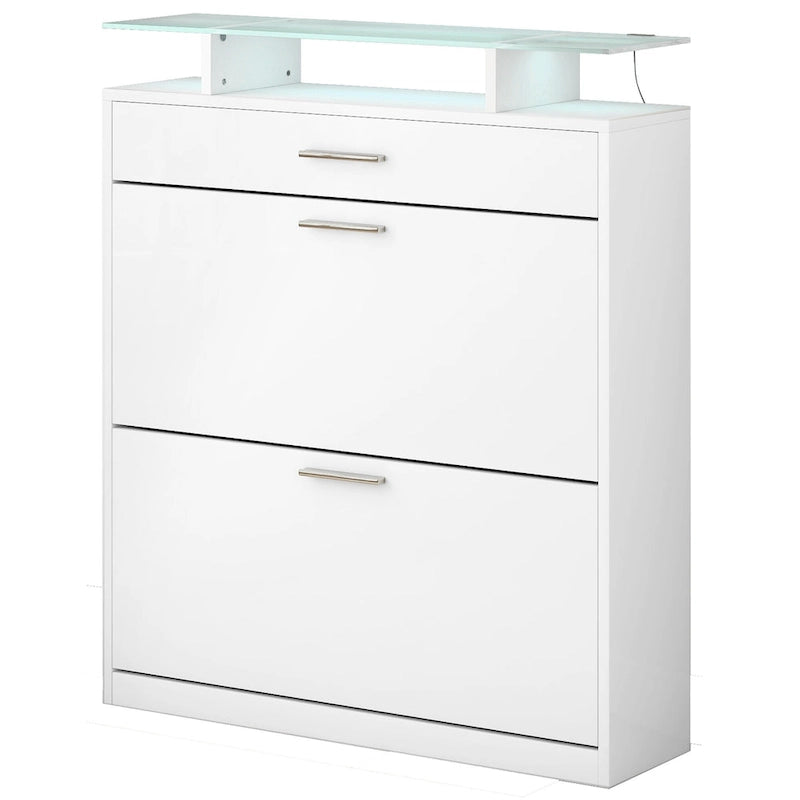 Slim Entryway Organizer with 2 Flip Drawers, Tempered Glass Top Shoe Storage Cabinet with Drawer