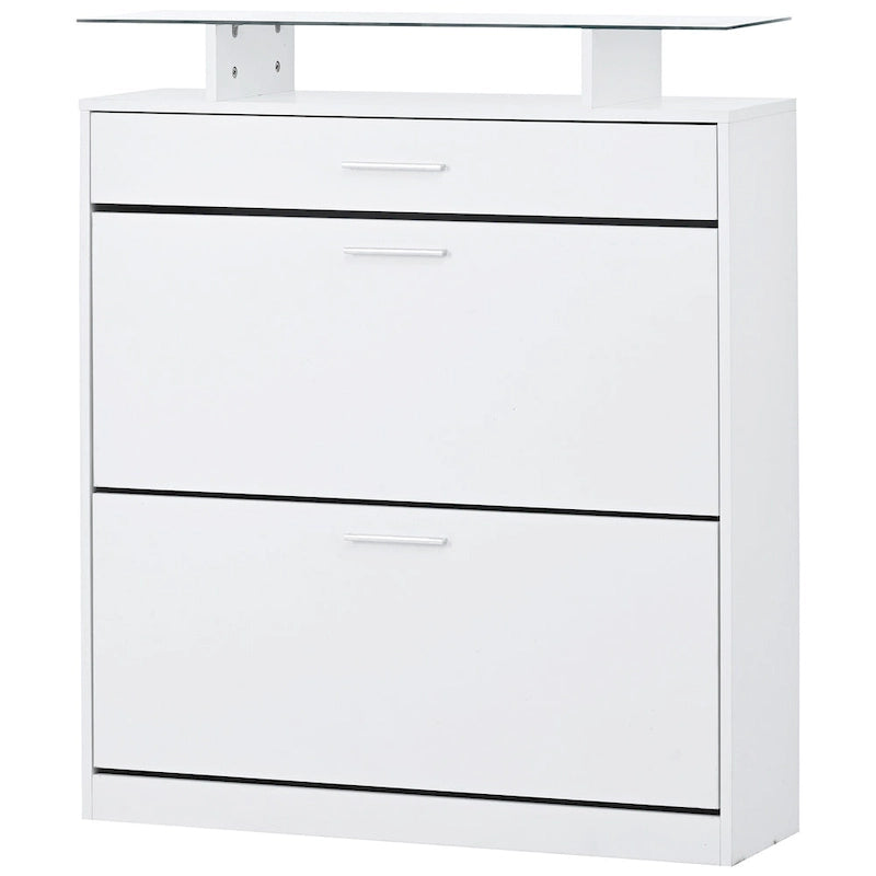 Slim Entryway Organizer with 2 Flip Drawers, Tempered Glass Top Shoe Storage Cabinet with Drawer