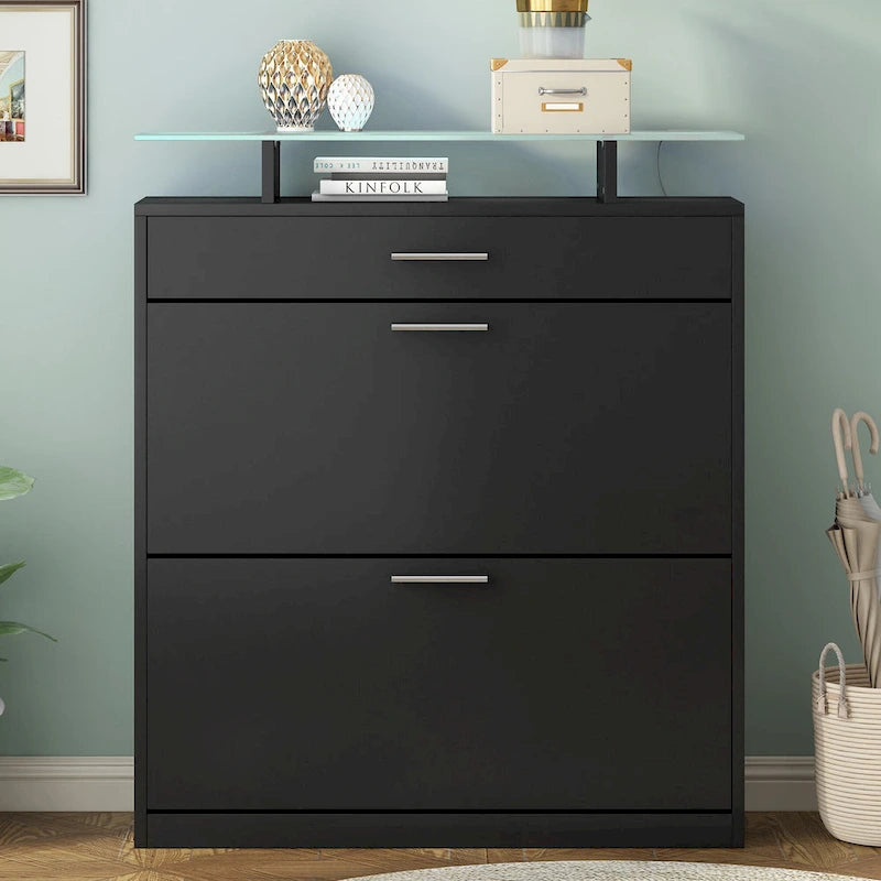 Slim Entryway Organizer with 2 Flip Drawers, Tempered Glass Top Shoe Storage Cabinet with Drawer
