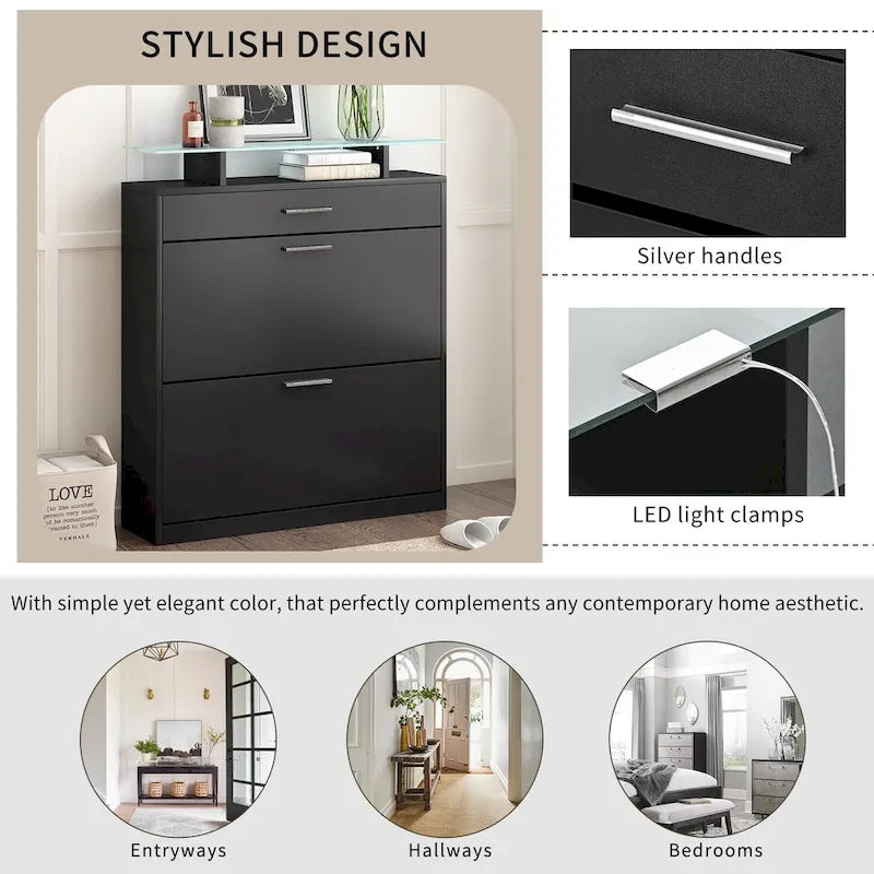 Slim Entryway Organizer with 2 Flip Drawers, Tempered Glass Top Shoe Storage Cabinet with Drawer