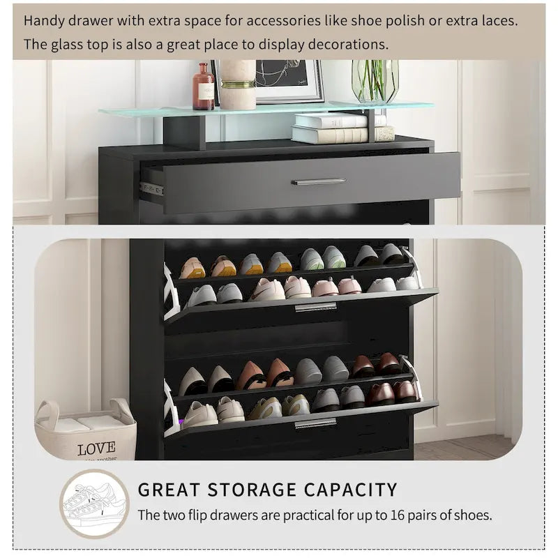 Slim Entryway Organizer with 2 Flip Drawers, Tempered Glass Top Shoe Storage Cabinet with Drawer