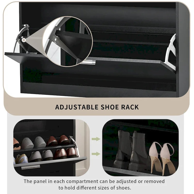 Slim Entryway Organizer with 2 Flip Drawers, Tempered Glass Top Shoe Storage Cabinet with Drawer