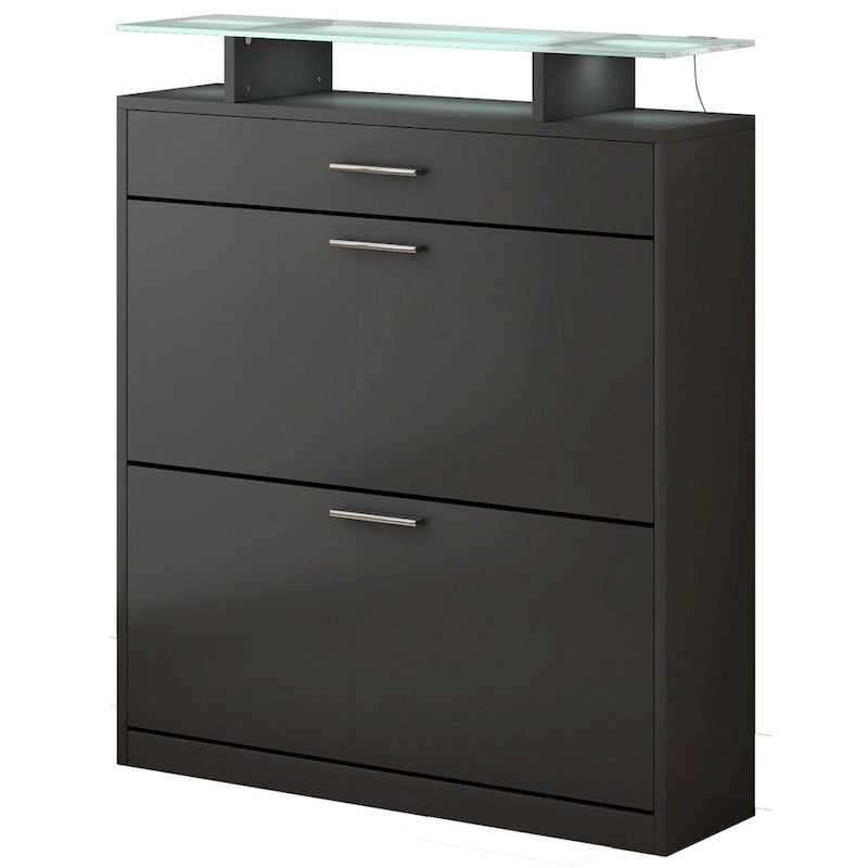 Slim Entryway Organizer with 2 Flip Drawers, Tempered Glass Top Shoe Storage Cabinet with Drawer