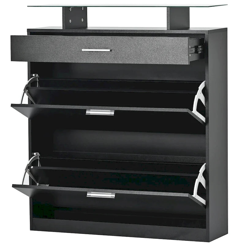 Slim Entryway Organizer with 2 Flip Drawers, Tempered Glass Top Shoe Storage Cabinet with Drawer