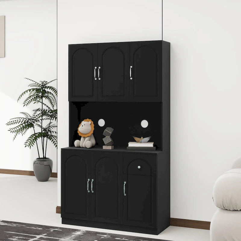 71 Kitchen Pantry Storage Cabinet with Microwave Oven Countertop, Freestanding Hutch Cabinet with Adjustable Shelves