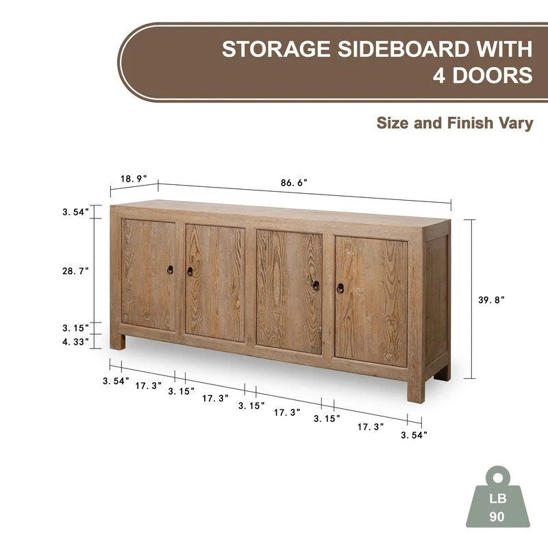 Sideboard With 4 Doors, Weathered Pinewood 86.6x18.9x39.8H