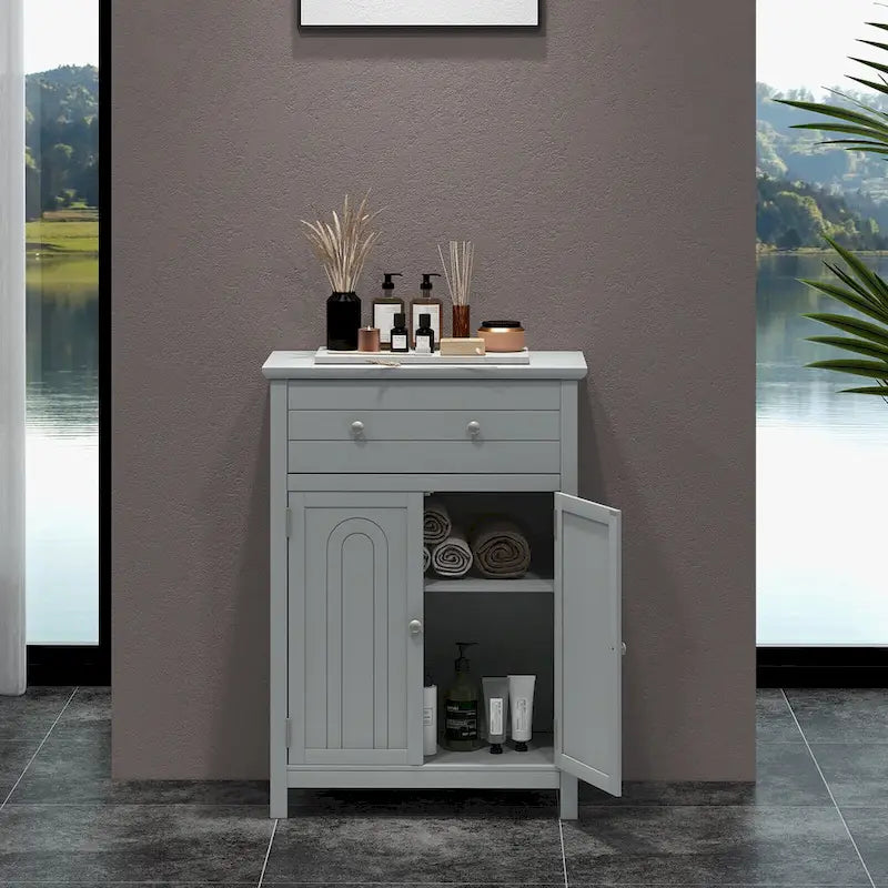 Bathroom Floor Cabinet Wooden Storage Organizer with Drawer &