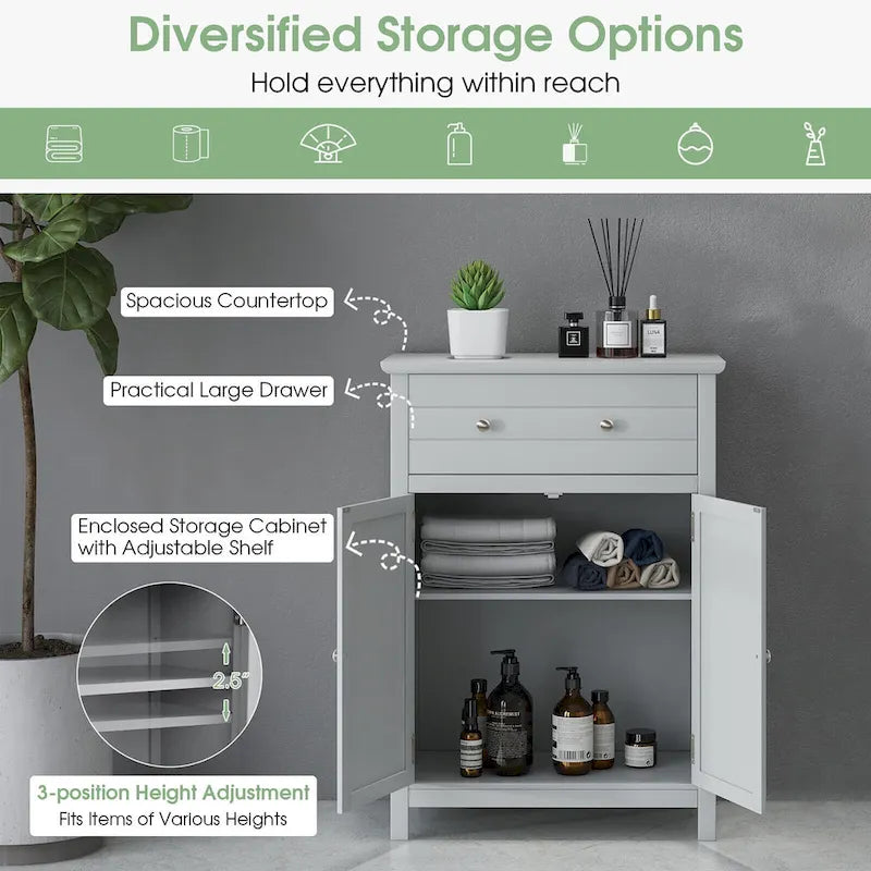 Bathroom Floor Cabinet Wooden Storage Organizer with Drawer &