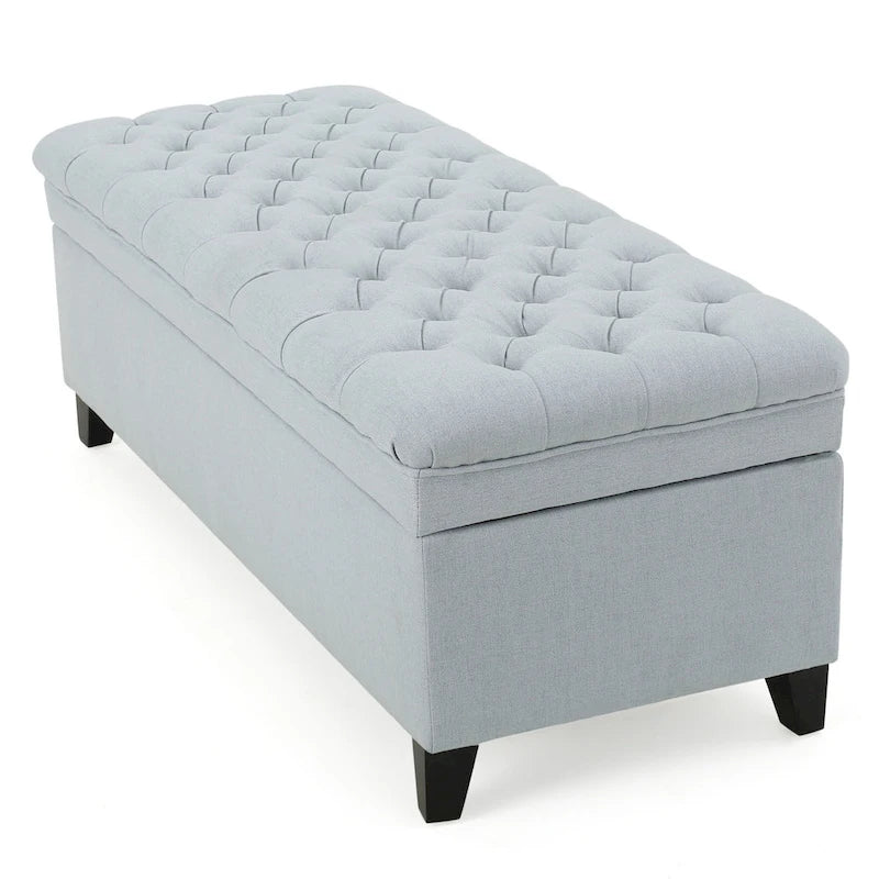 Storage Ottoman Bench, Light Blue Fabric, Black Wood, 50 Inch