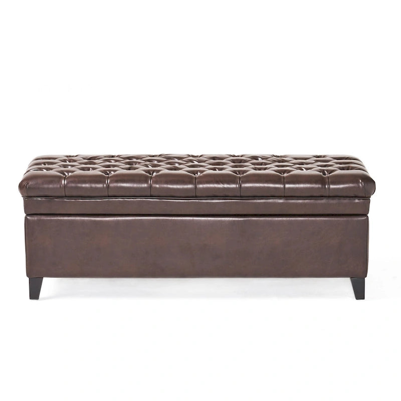 Storage Ottoman Bench, Brown Faux Leather, Black Wood, 50 Inch
