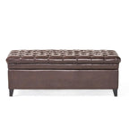 Banc ottoman de rangement, similicuir marron, bois noir, 50 pouces