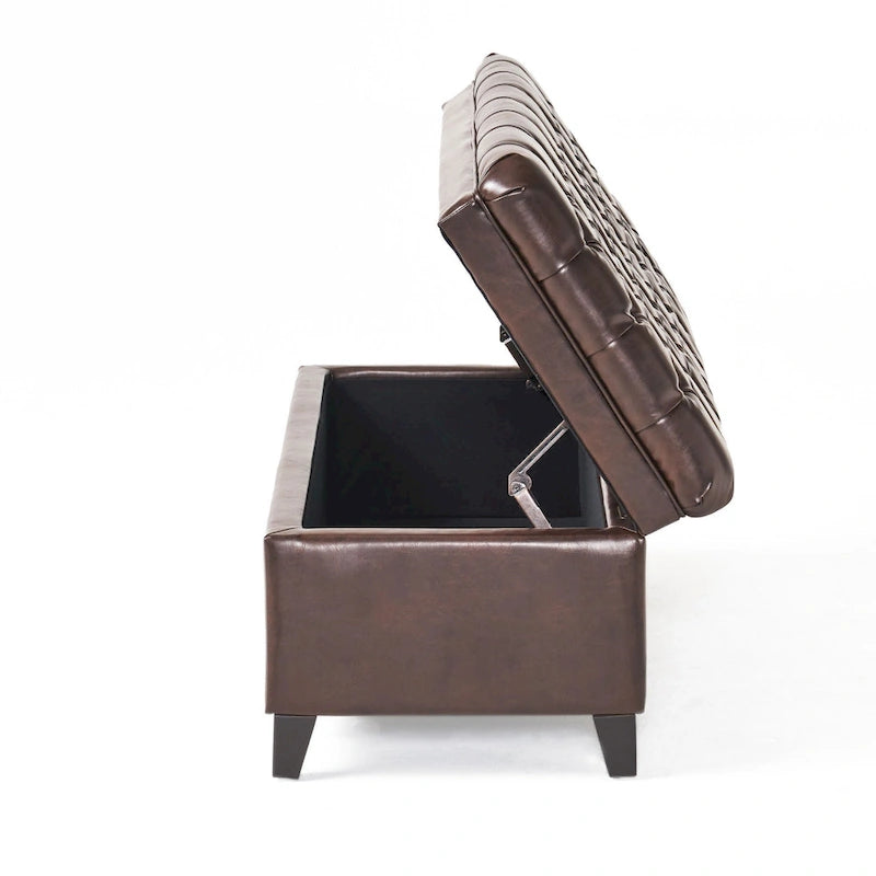 Storage Ottoman Bench, Brown Faux Leather, Black Wood, 50 Inch