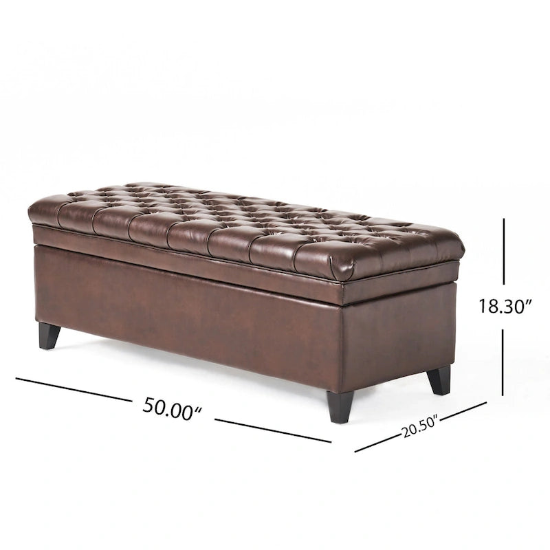 Storage Ottoman Bench, Brown Faux Leather, Black Wood, 50 Inch