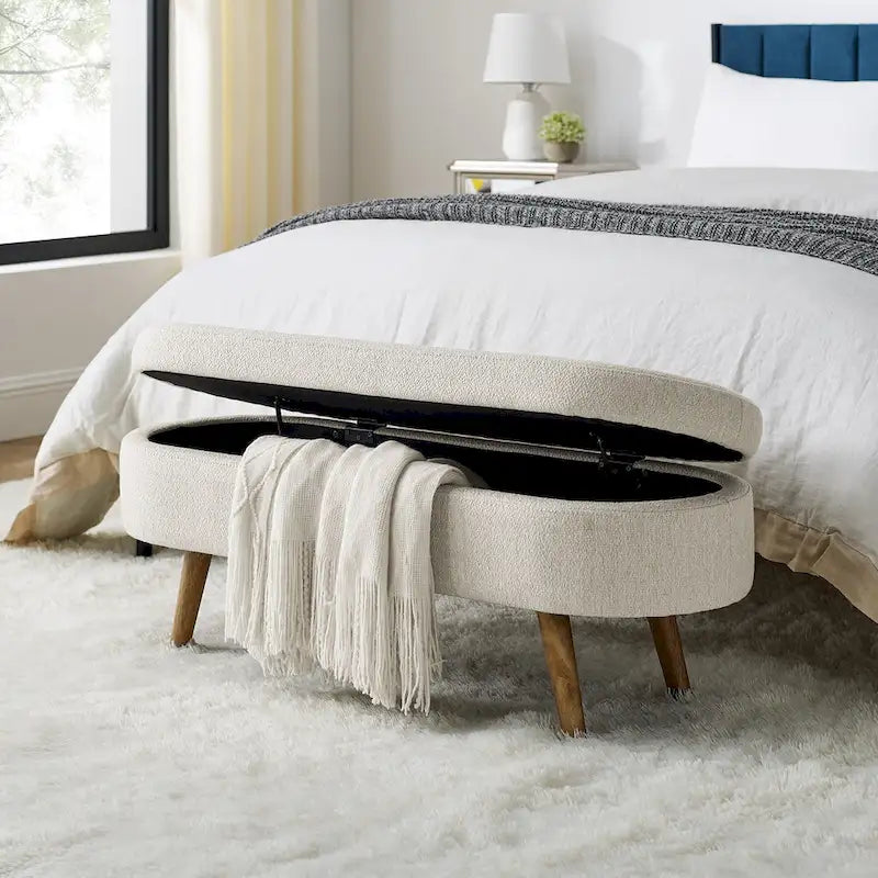 Ottoman Oval Storage Bench,Rubber Wood Legs, Beige
