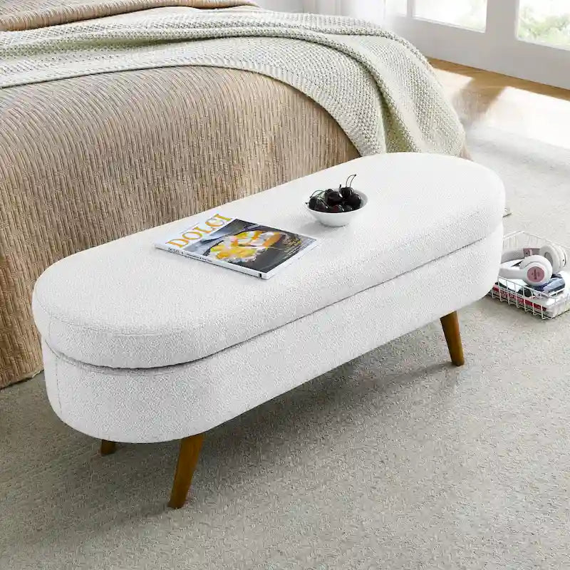 Ottoman Oval Storage Bench,Rubber Wood Legs, Beige