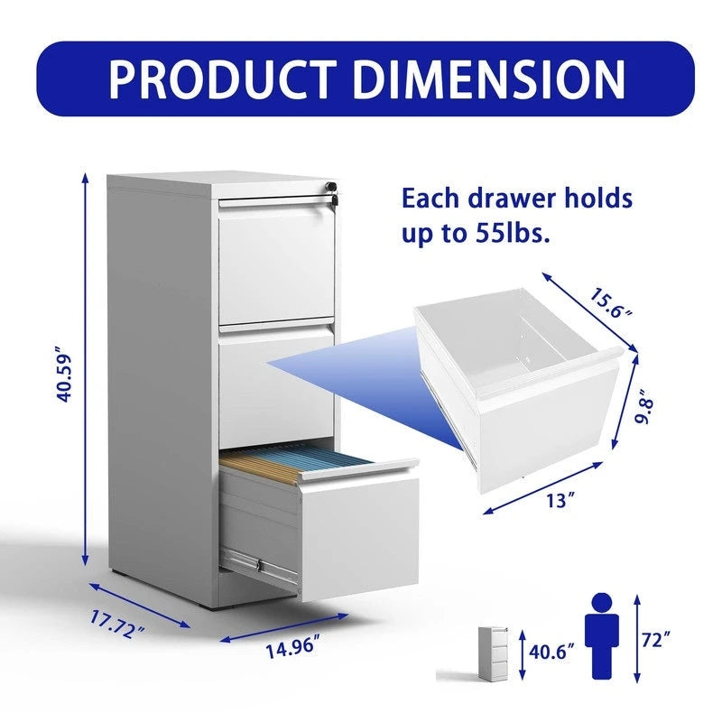 3 Drawer Metal Vertical Filing Cabinet with Lock,A4 Legal Size