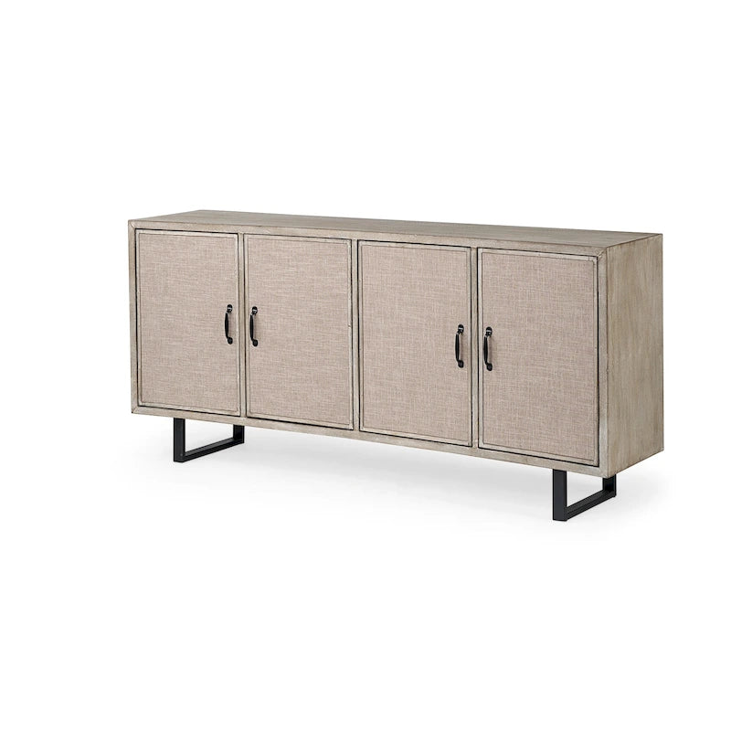Brown Fir Veneer Frame w/ Fabric Covered Cabinet Doors Sideboard - 68.0L x 15.5W x 31.5H