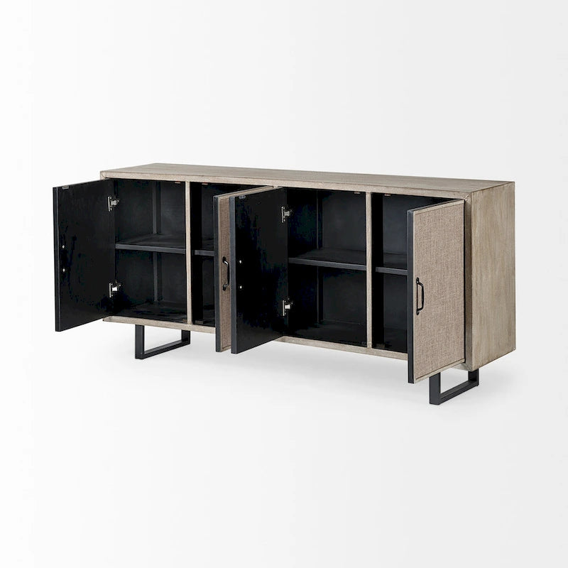 Brown Fir Veneer Frame w/ Fabric Covered Cabinet Doors Sideboard - 68.0L x 15.5W x 31.5H