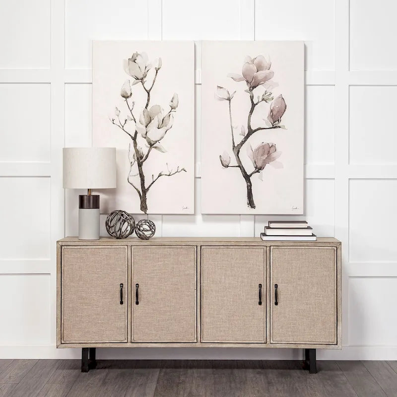 Brown Fir Veneer Frame w/ Fabric Covered Cabinet Doors Sideboard - 68.0L x 15.5W x 31.5H
