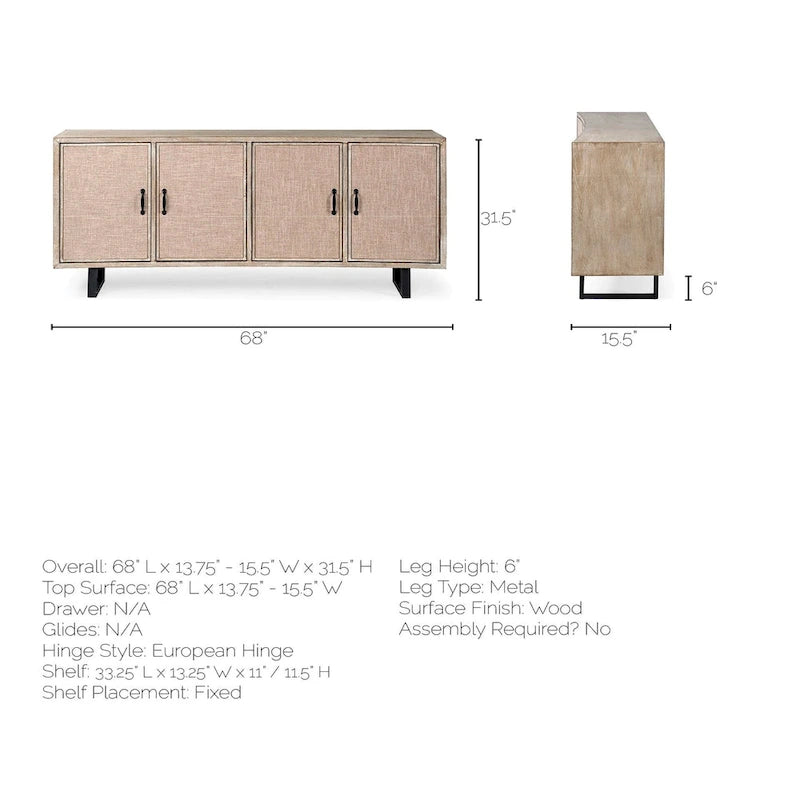 Brown Fir Veneer Frame w/ Fabric Covered Cabinet Doors Sideboard - 68.0L x 15.5W x 31.5H