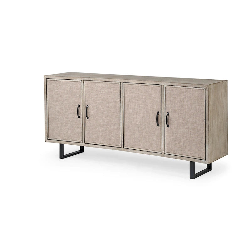 Brown Fir Veneer Frame w/ Fabric Covered Cabinet Doors Sideboard - 68.0L x 15.5W x 31.5H