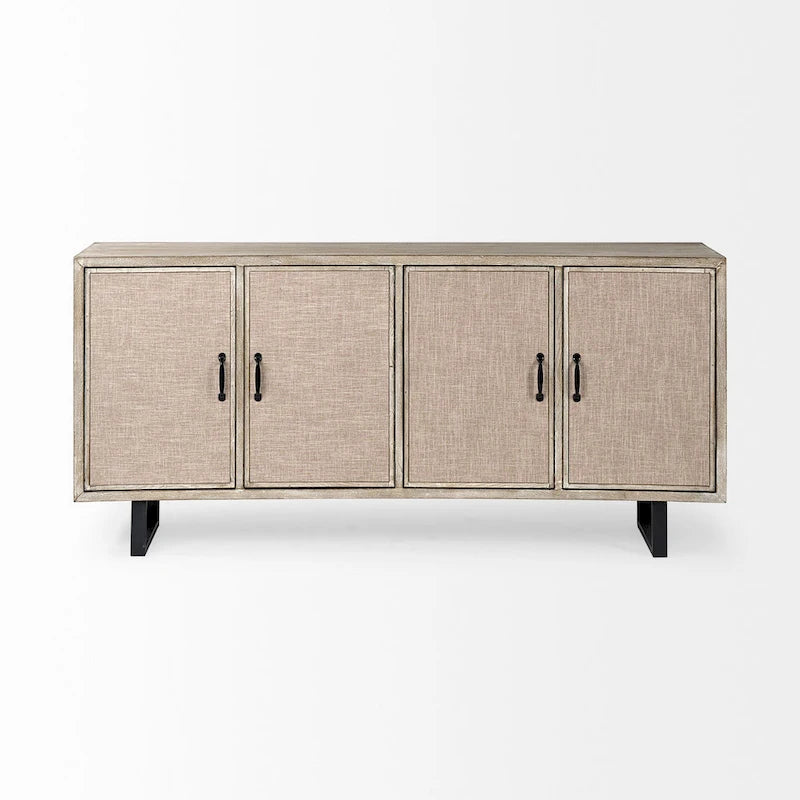 Brown Fir Veneer Frame w/ Fabric Covered Cabinet Doors Sideboard - 68.0L x 15.5W x 31.5H