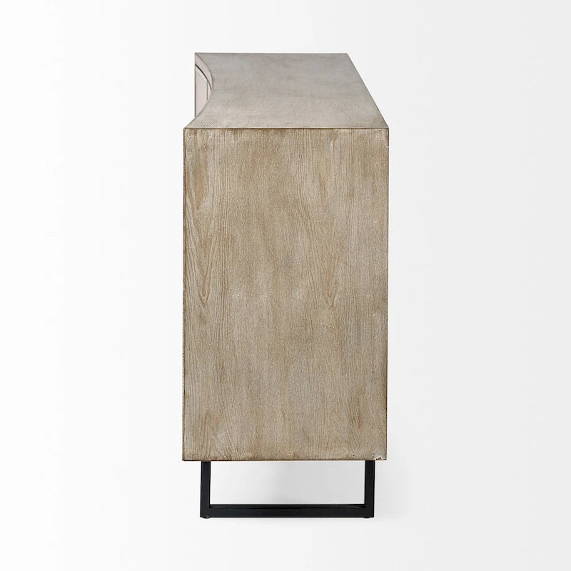 Brown Fir Veneer Frame w/ Fabric Covered Cabinet Doors Sideboard - 68.0L x 15.5W x 31.5H