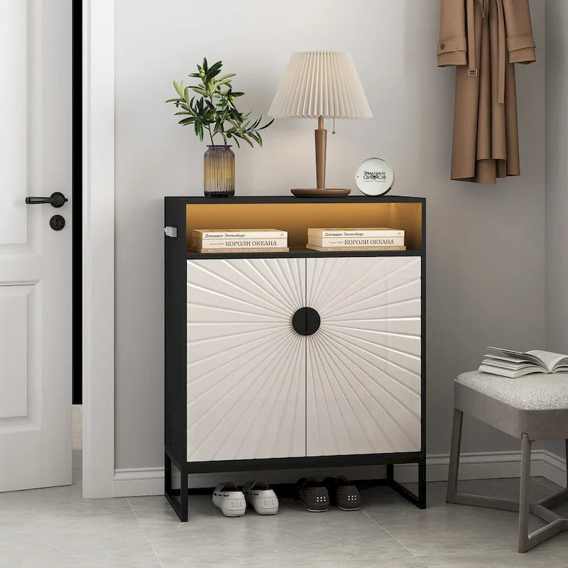 5-Tier Shoe Storage Cabinet, Wooden Shoe Cabinet with Doors Shoe Organizer with Open Shelves for Entryway, Hallway, Living Room