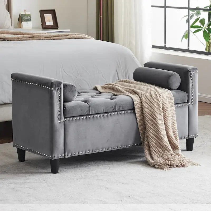Upholstered Storage Bench with Armrests for Living Room Entryway