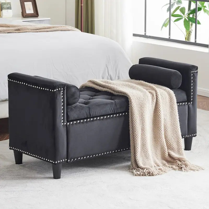 Upholstered Storage Bench with Armrests for Living Room Entryway
