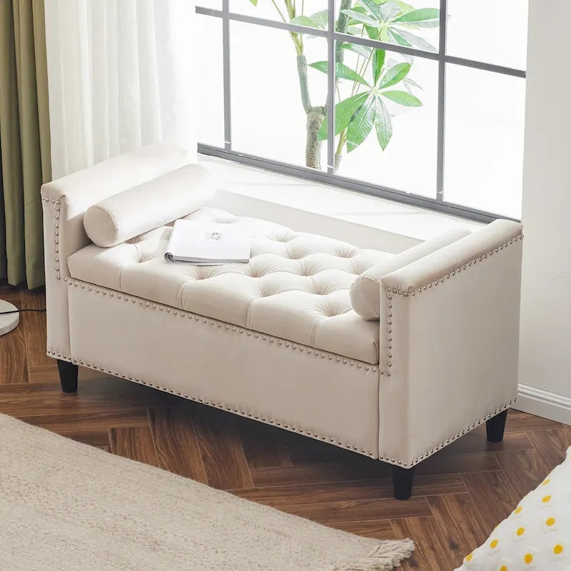 Upholstered Storage Bench with Armrests for Living Room Entryway