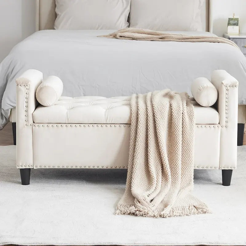 Upholstered Storage Bench with Armrests for Living Room Entryway