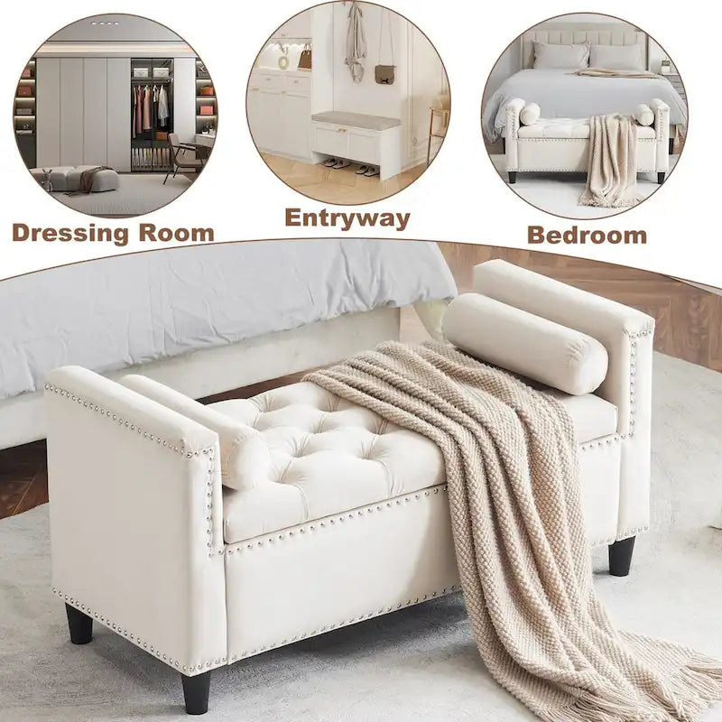 Upholstered Storage Bench with Armrests for Living Room Entryway