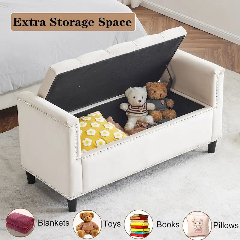 Upholstered Storage Bench with Armrests for Living Room Entryway