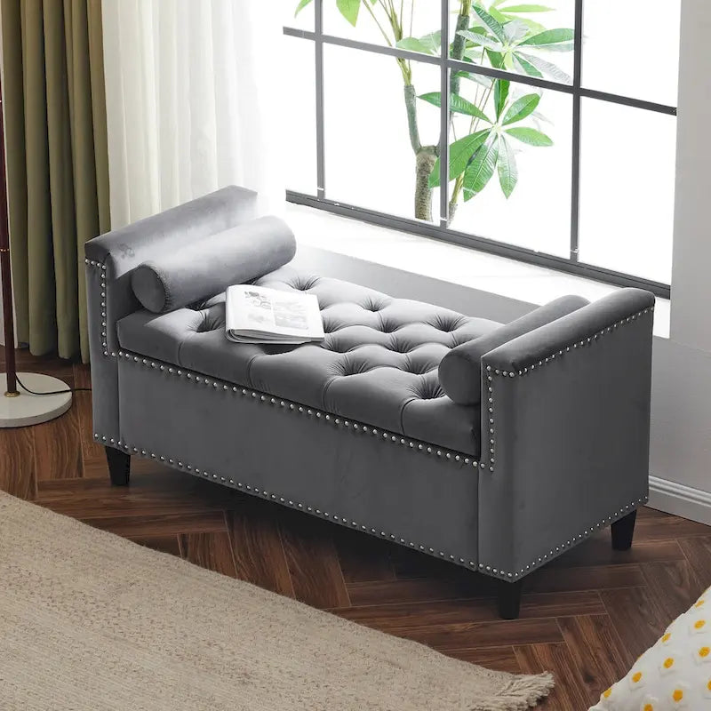 Upholstered Storage Bench with Armrests for Living Room Entryway