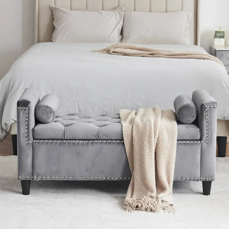 Upholstered Storage Bench with Armrests for Living Room Entryway