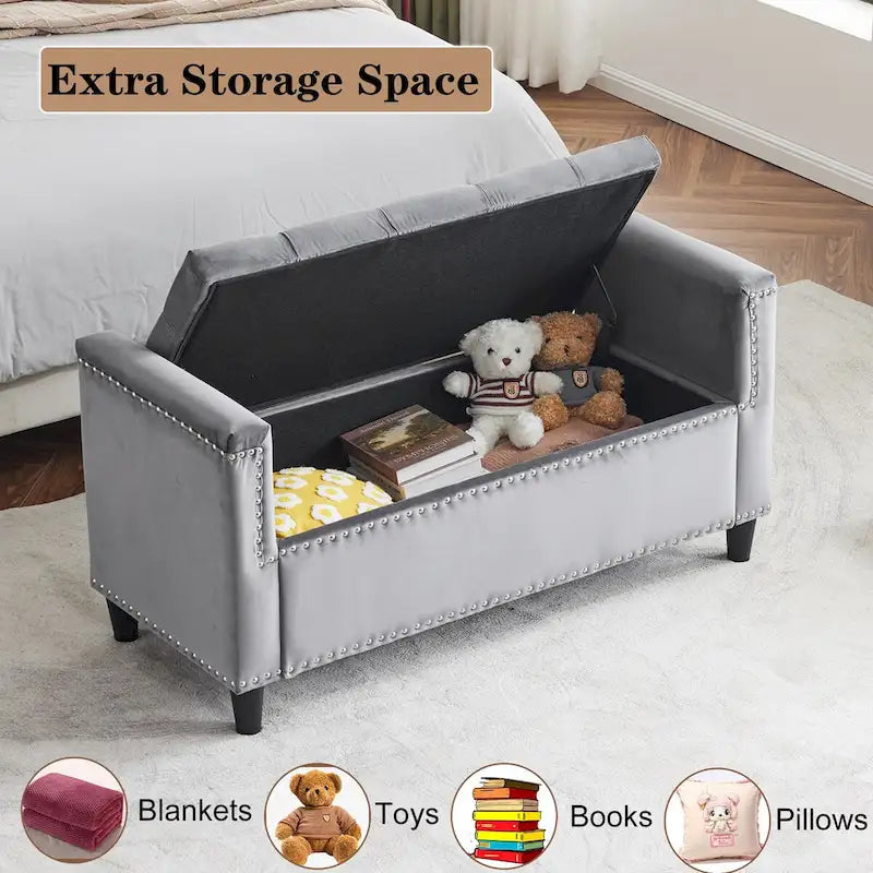 Upholstered Storage Bench with Armrests for Living Room Entryway