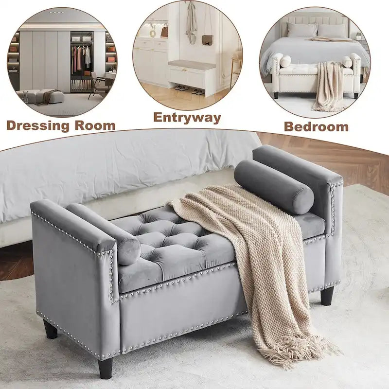 Upholstered Storage Bench with Armrests for Living Room Entryway