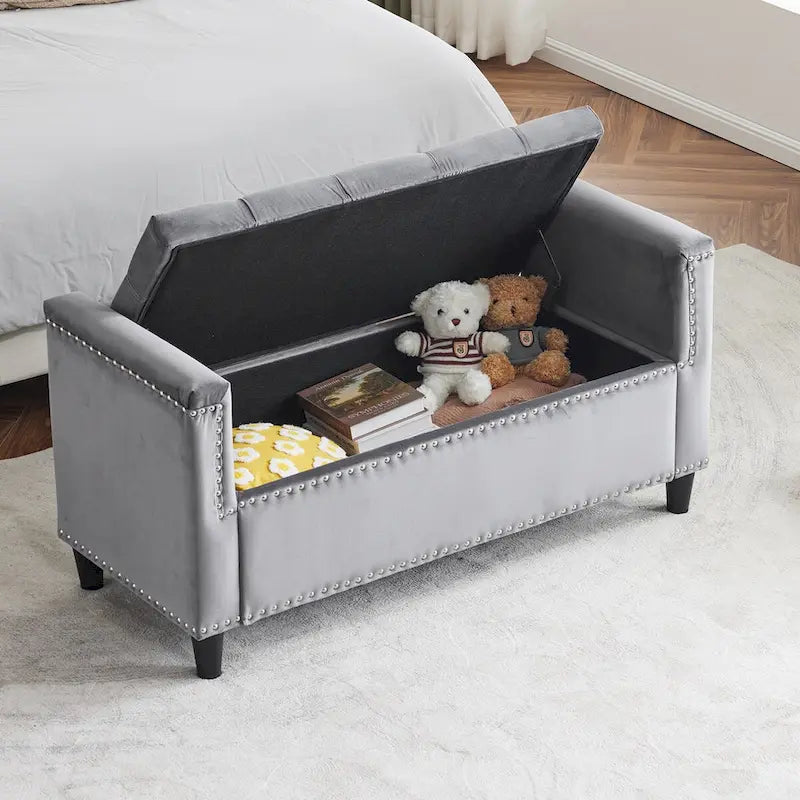 Upholstered Storage Bench with Armrests for Living Room Entryway