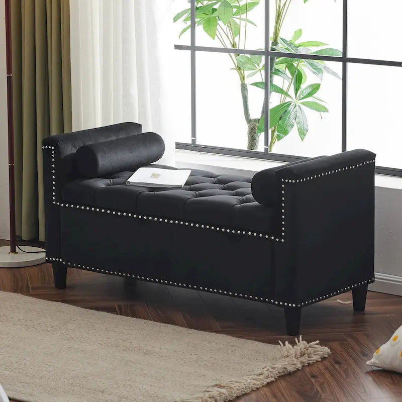 Upholstered Storage Bench with Armrests for Living Room Entryway
