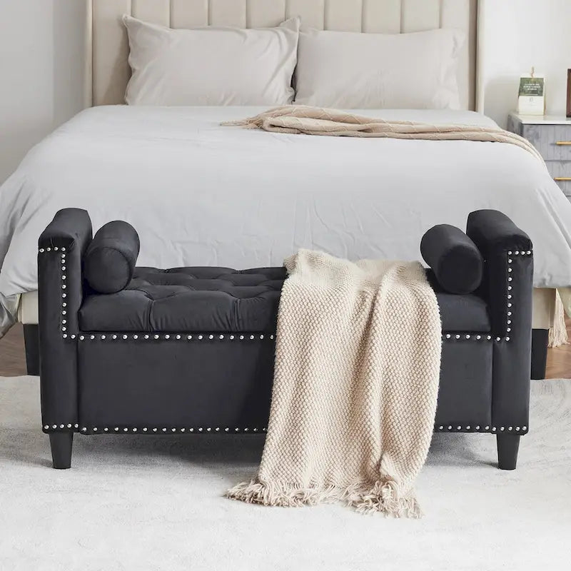 Upholstered Storage Bench with Armrests for Living Room Entryway