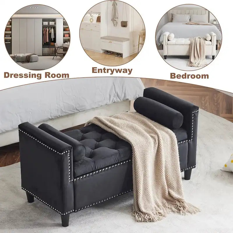 Upholstered Storage Bench with Armrests for Living Room Entryway