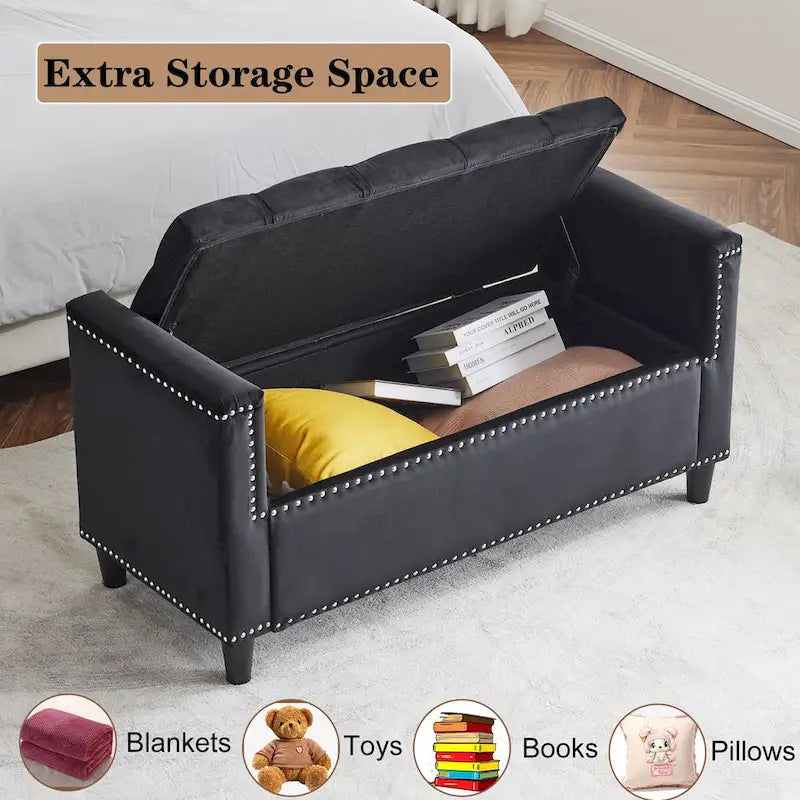 Upholstered Storage Bench with Armrests for Living Room Entryway