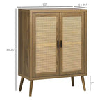 Houten dressoir-buffetkast met rotandeuren en planken met 3 niveaus